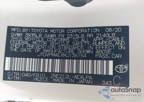 2021 Toyota Corolla Le z USA, uszkodzony, nr VIN JTDVPMAEXMJ136154